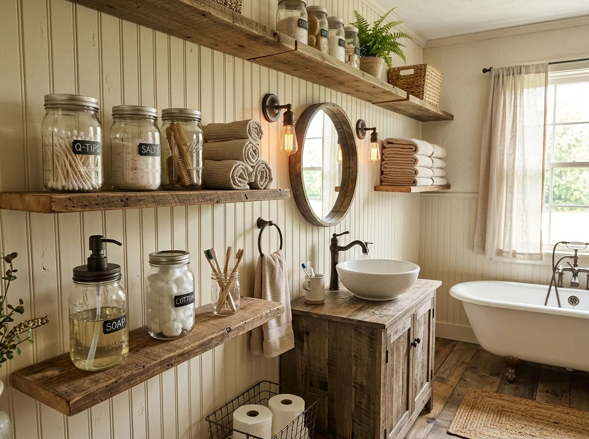 Farmhouse bathroom with mason jar decor and storage